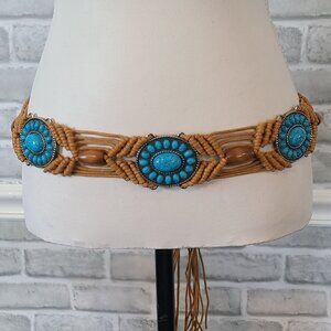 Boho Macrame Fringe Faux Turquoise Belt Hippie Coastal Cowgirl Beach OSFM
